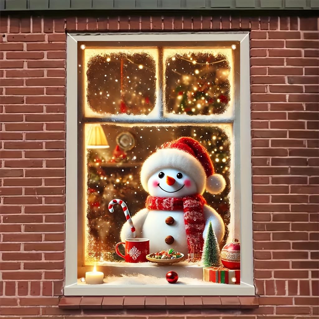 Tomhong Christmas Snowman Window Banner 31x47 Inch Holiday Decoration Cozy Indoor Outdoor Home Wall or Window Display with Snowy Scene and Warm Lights