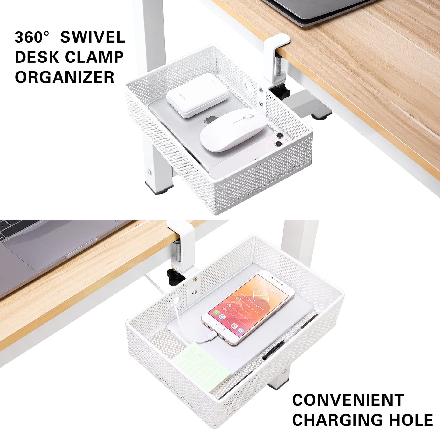 Euyona Mesh Desk Organizer and Clamp-on Swivel Pencil Drawer, Desk Hidden Desk Organizer Extra Sturdy C-Clamp Mount System and Easy to Instal, Home Office Art Supply Storage Box (White)
