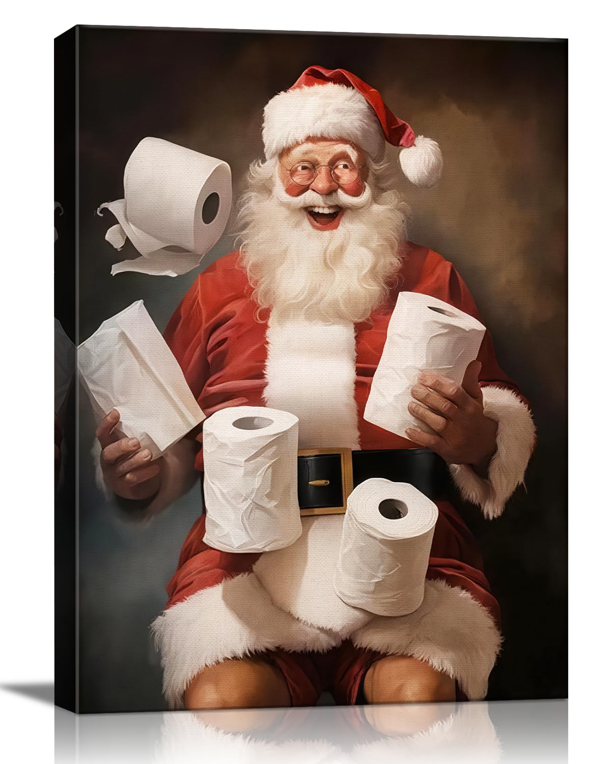 Funny Santa Christmas Canvas Wall Art for Bathroom, Humorous Framed Canvas Prints Ready to Hang, Unique Christmas Gifts for Home & Office Christmas Decorations