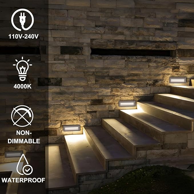 ZONK LED Outdoor Indoor Stair Lights, Line Voltage 110-240V 2W Landscape Pathway Step Light, 9Inch Non-dimmable 4000K IP65 Waterproof Stairway Lighting, Deck Lights, Retaining Wall Lights, 3 Pack