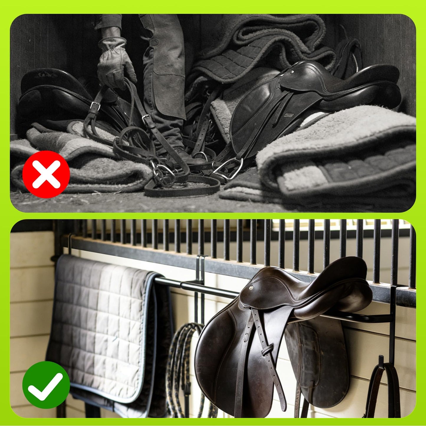 Zwinz 4Pcs Heavy Duty Horse Blanket Rack with Bridle Hooks, No-Drill Wall Mounted Assembled Blanket Bar, Saddle Pad Rack for Horse Tack Storage, Black