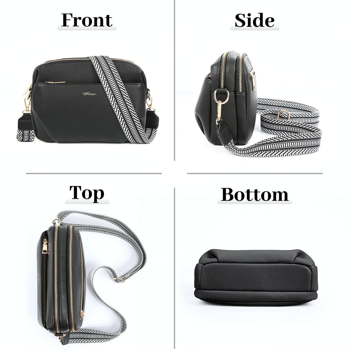 HILAEX Crossbody Bag for Women Leather Purse Anti Theft Multi Pockets Wide Adjustable Strap Shoulder Handbag RFID Blocking Black