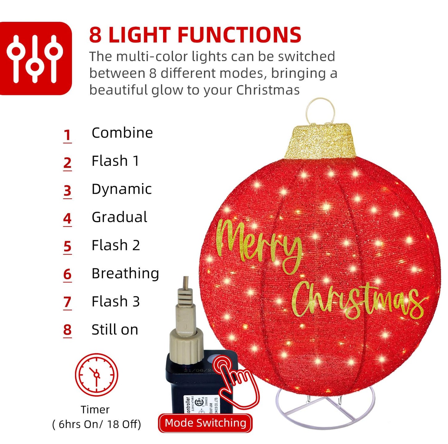 HOYECHI 4-Piece Oversized Christmas Ornament Set – Lighted Holiday Balls with 400 LEDs, 8 Lighting Modes, Waterproof Outdoor Yard Decorations - Red/Green/White/Yellow