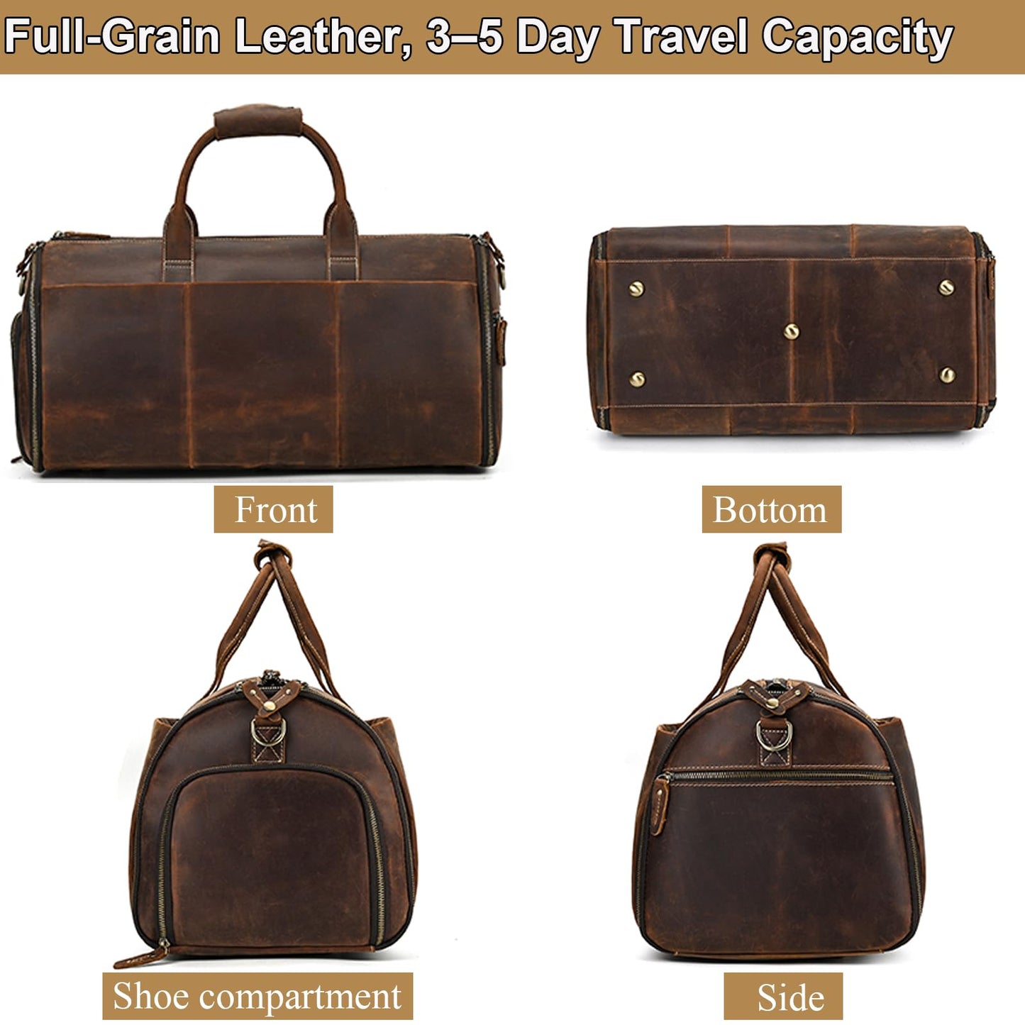 Yevabo Full Grain Genuine Leather 2-in-1 Garment Dufflel Bag for Men Foldable Suit Carrier with Independent Shoe Compartment, Large Capacity Weekender Overnight Travel Bag for Business Trips, Coffee