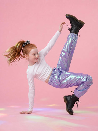 Stelle Girls Metallic Cargo Pants Shiny Hip Hop Dance Joggers Sparkly Stretchy Wide Leg Street Pants for Kids,Iridescent Purple,8-9 Years