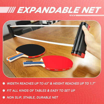 FBSPORT Ping Pong Paddle Set, Table Tennis Set with 4 Rackets and 8 Balls, Retractable Net with Storage Bag - Pingpong Paddle Accessories for Indoor/Outdoor Games