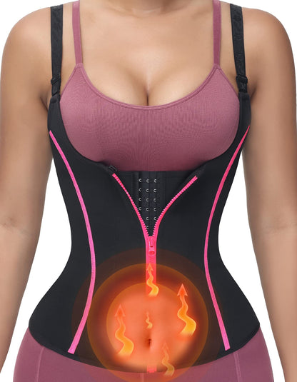 YADIFEN Waist Trainer Vest for Women,Zipper Corset Body Shaper for Tummy Control Neoprene Cincher Tank Top with Straps (Black-Pink, XS)