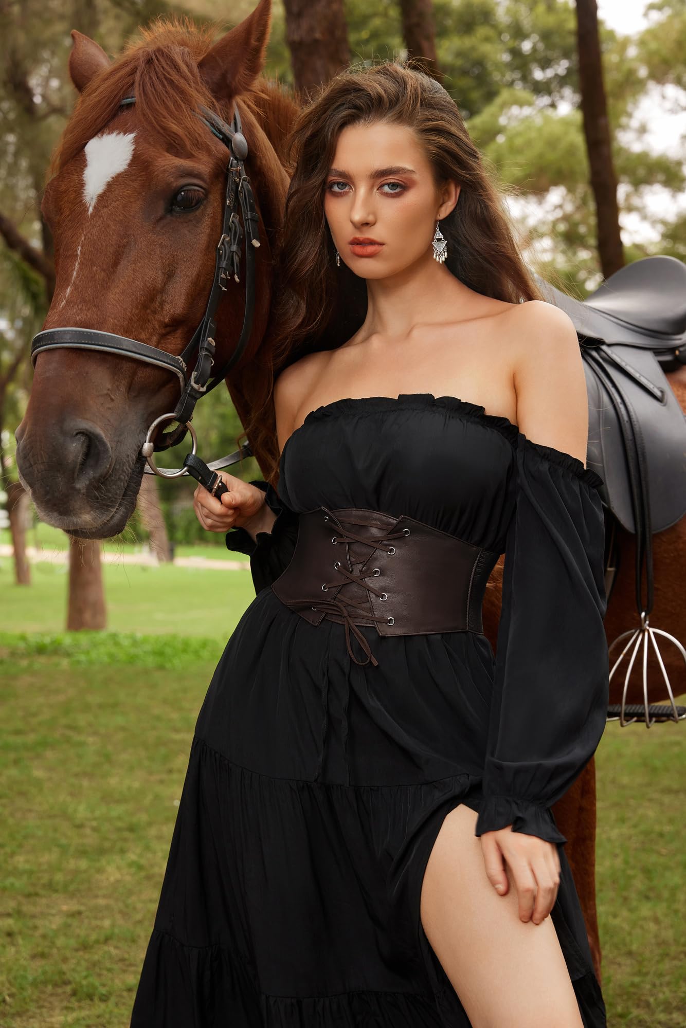 GRACE KARIN Women's Elastic Wide Waist Belt Renaissance Pirate Corset Cinch Belt Cosplay Costume with Press Button Coffee M
