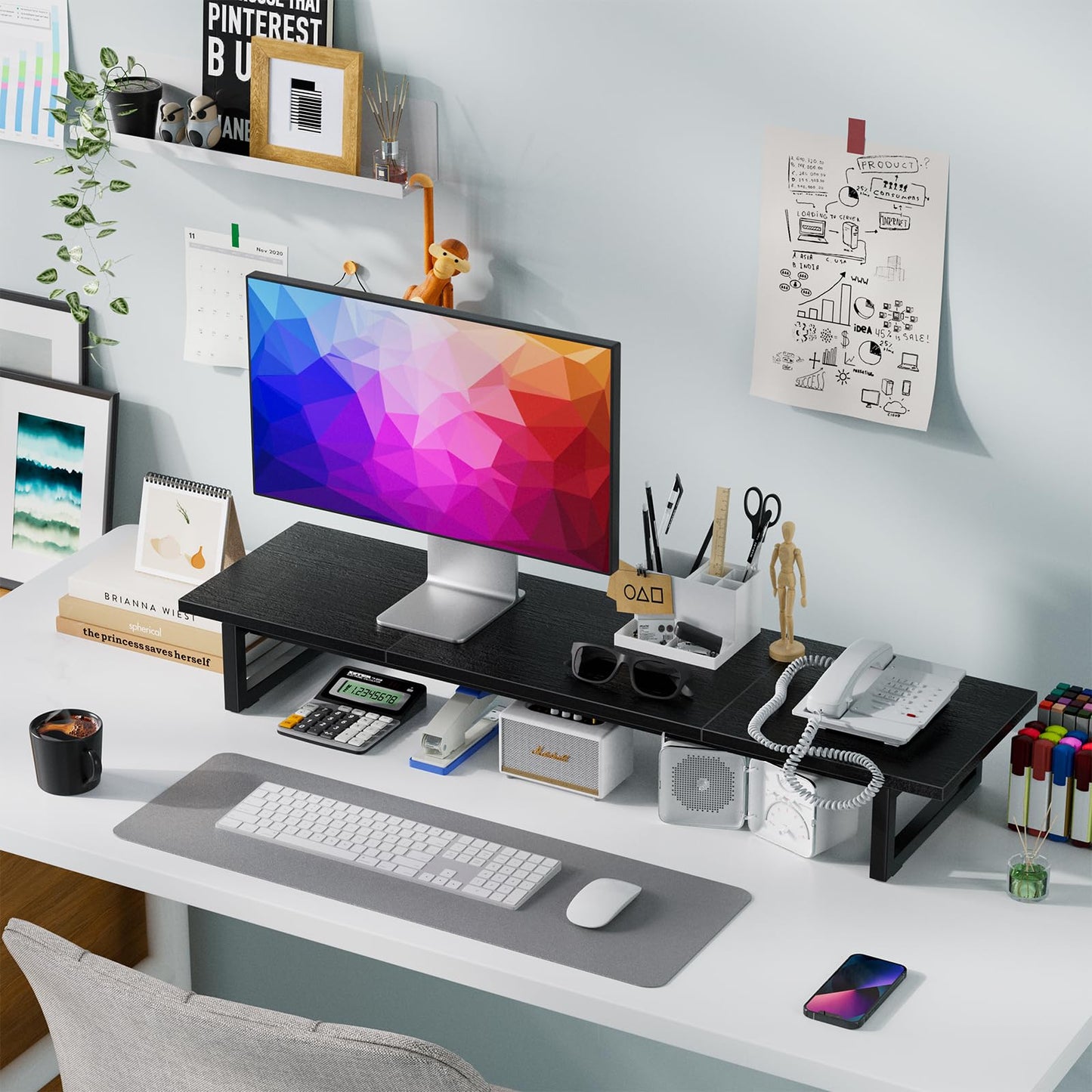Simple Trending 38 Inch Dual Monitor Stand Riser, Wood and Steel Desktop Organizer for Home Office, Black
