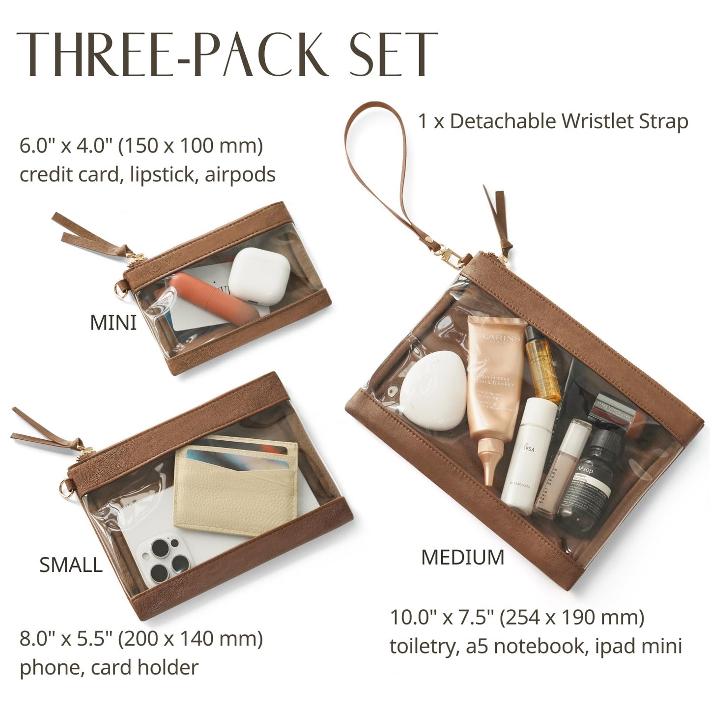 Popvibe Clear Makeup Bag with Zipper Travel Pouch Organizer Bag for Purse Cosmetic Bag Women Clear Travel Bag for Toiletry Traveling Car Essential Make Up Bag Set 3 Pack Brown