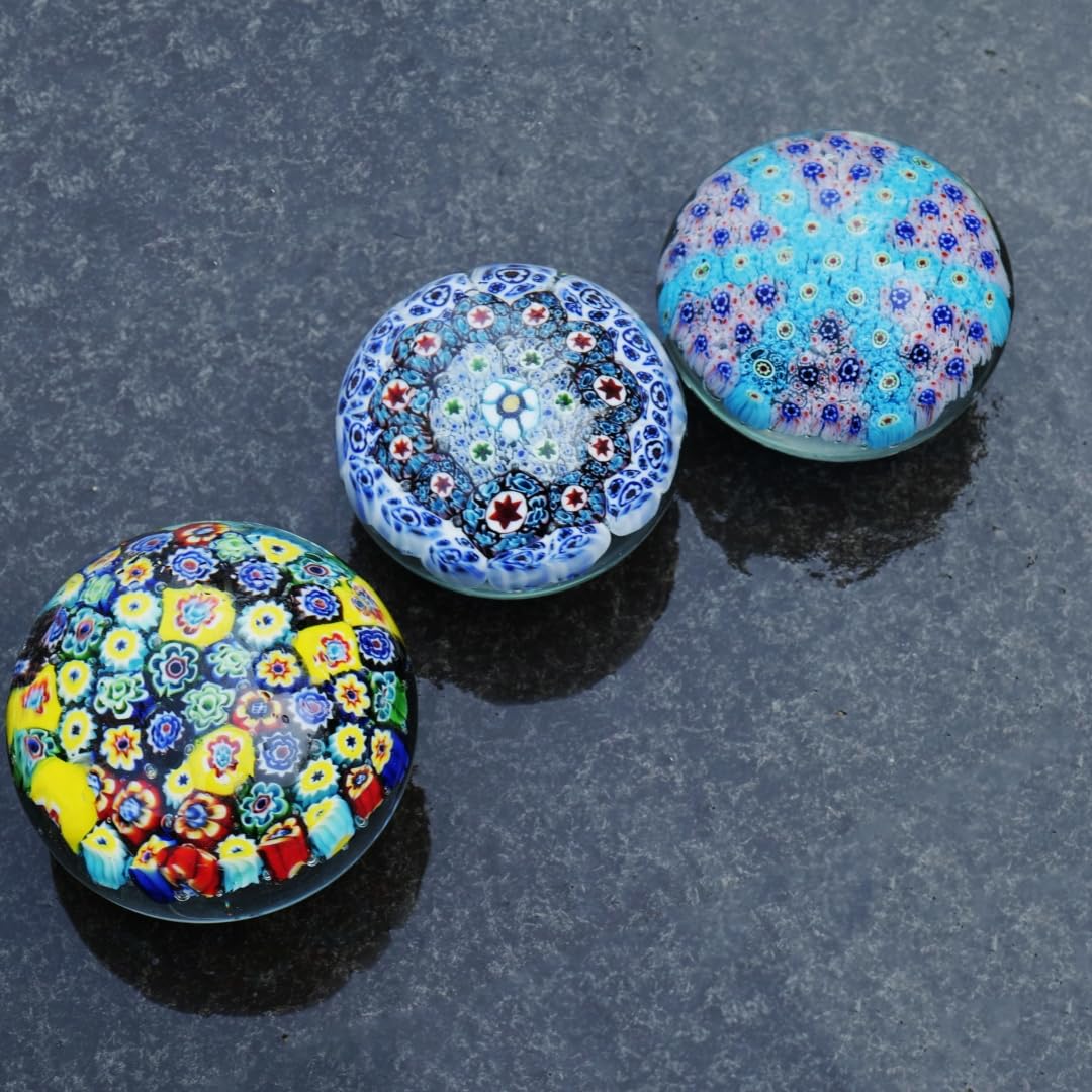 Yao Yuan Handcrafted Glass Paperweight - Beautiful Flower Figurine, Unique Desk Accessory for Home or Office (White millefiori, 3 in)