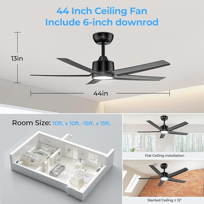 ocioc Ceiling Fans with Lights and Remote,44 Inch Black Ceiling Fan with Nightlight,6 Speeds,3000–6500K Dimmable,Quiet Reversible DC Motor,Modern Ceiling Fan for Bedroom Living Room Patio