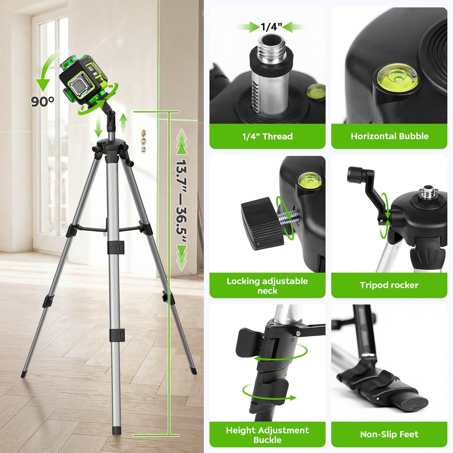 Alloyman Laser Level with Tripod, 4 × 360° Self Leveling Laser Level, Nivel Laser Green Line Lazer Leveler Tool for Picture Hanging, Home Renovation, Indoor Project, 2*Battery&Carrying Bag Included
