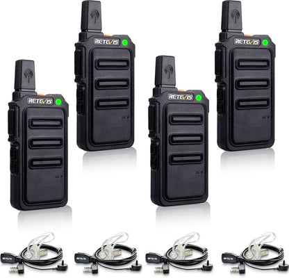 Retevis RT19 Walkie Talkie - Long Range 2 Way Radio with Earpiece & Mic | Compact Mini Design for Outdoor Use (4 Pack)