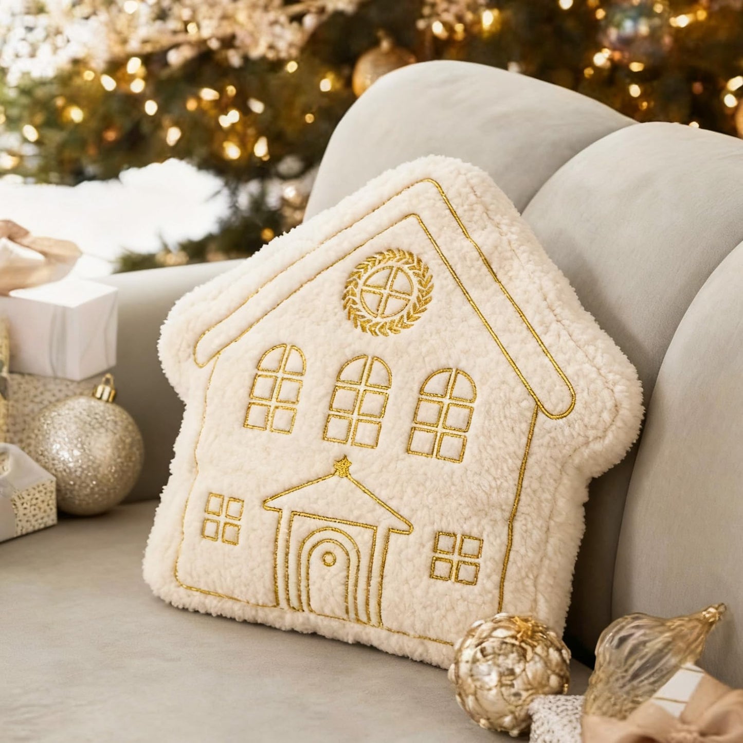 DN DECONATION House Shape Christmas Pillow, White Decorative Pillow 15In - Gold Embroidered Faux Fur Holiday Throw Pillow for Sofa Bedroom Home Christmas Decor