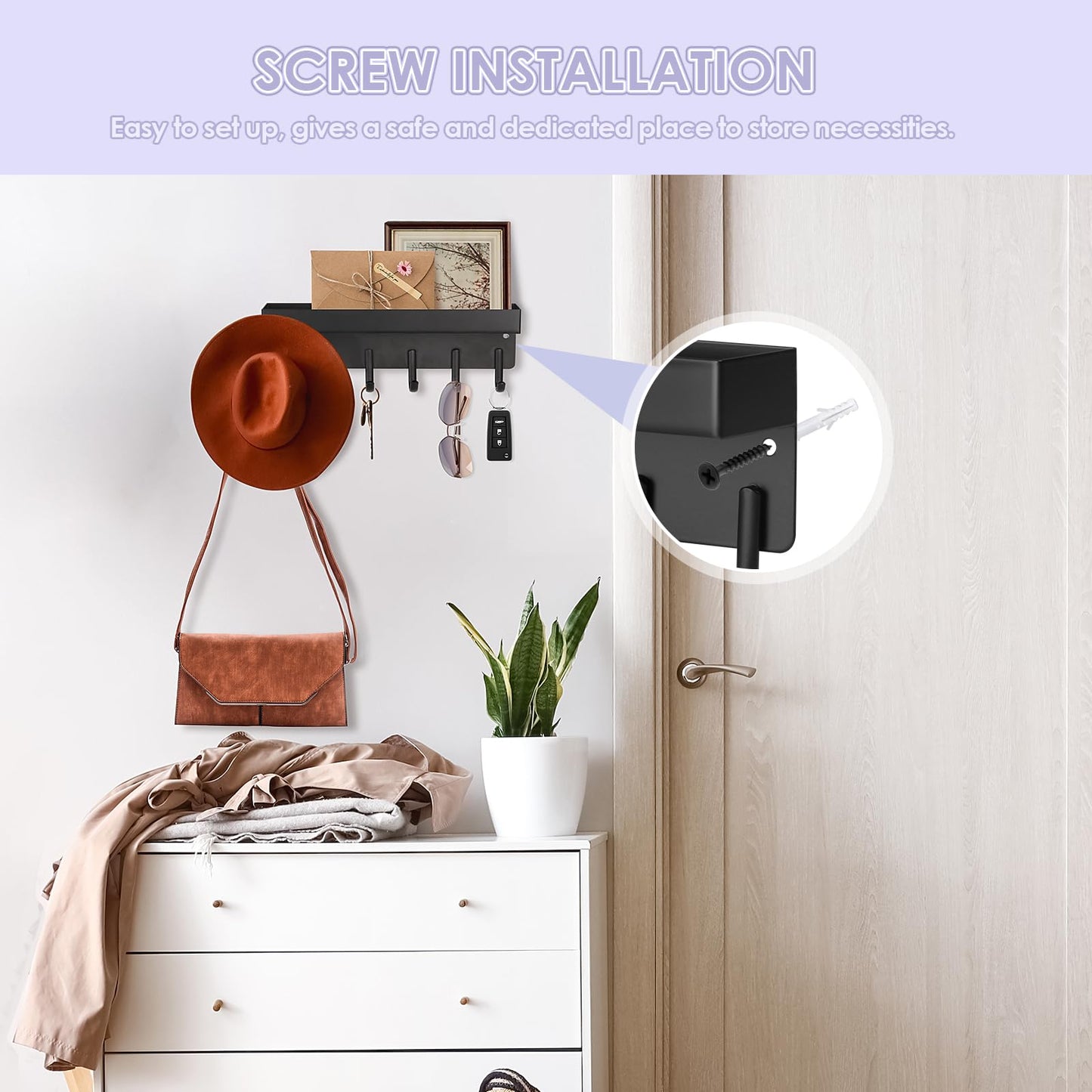 VIS'V Key Holder Wall Mount, Compact Adhesive Key Rack with Tray, 6 Hooks, 2 Mount Options, Black