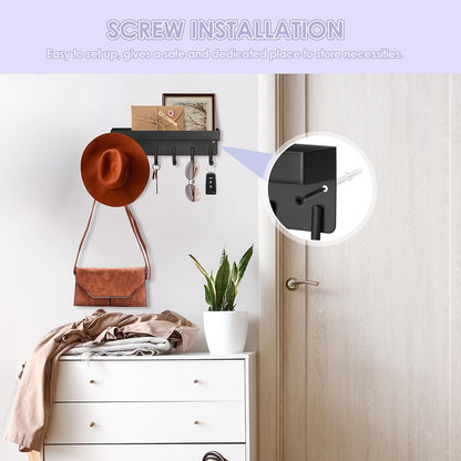 VIS'V Key Holder Wall Mount, Compact Adhesive Key Rack with Tray, 6 Hooks, 2 Mount Options, Black