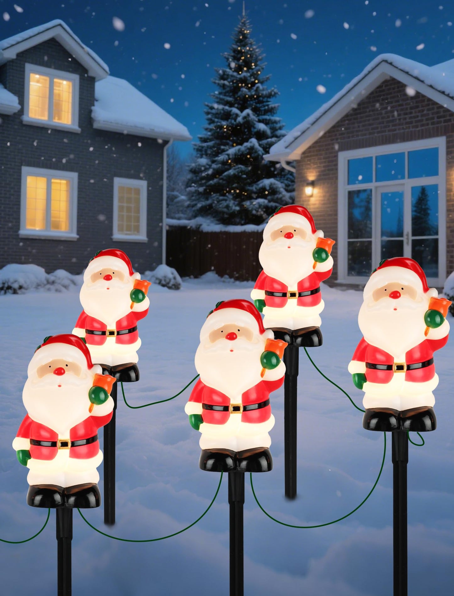 5-Pack Commercial-Grade Christmas Pathway Stakes - 15.98" Tall Santa Holding Bell Stake Lights with Heavy-Duty C7 LEDs, Waterproof for Pro-Level Yard Decor