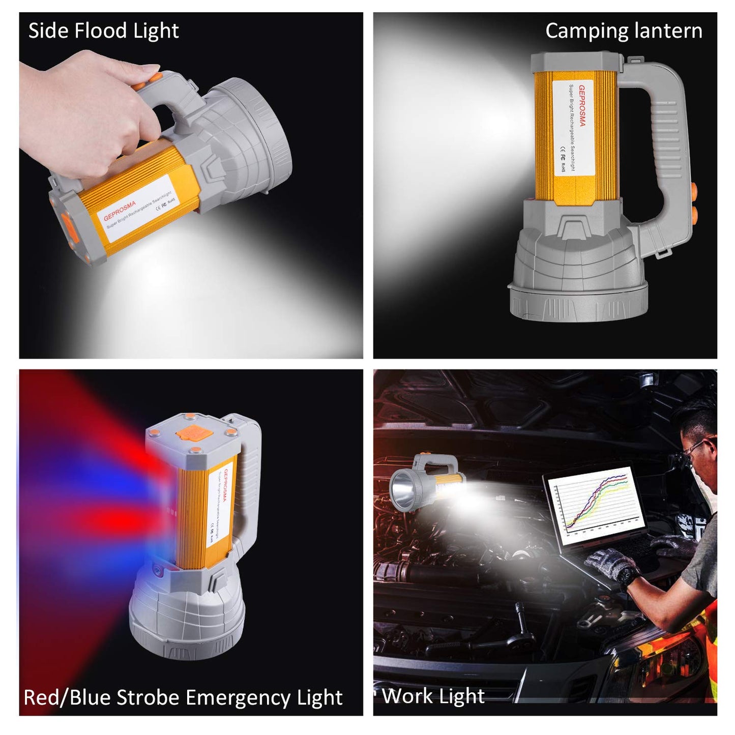 GEPROSMA Multi Functions Rechargeable Led Flashlight High Lumens,Powerful Handheld Spotlight Super Bright Long Range 800yd/Large Battery/Side Lantern,High Powered Searchlight,Home Outdoor