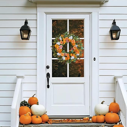 22-inch Fall Wreath Orange Rose Hydrangea Berry Green Leaf Fall Front Door Wreath Indoor Outdoor Decoration Thanksgiving Harvest Festival Party Wedding Office Decoration