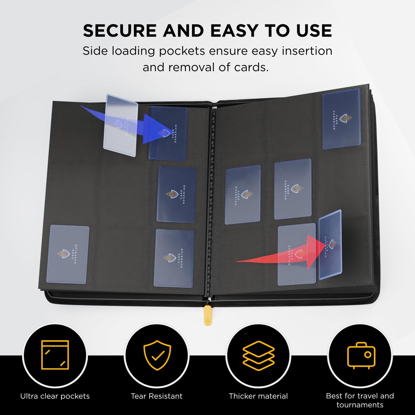 Card Guardian - 9 Pocket Premium Black Card Binder with Zipper for 360 Cards - Trading card binder with Side Loading Pockets for Trading Card Games -TCG Binder (Black)