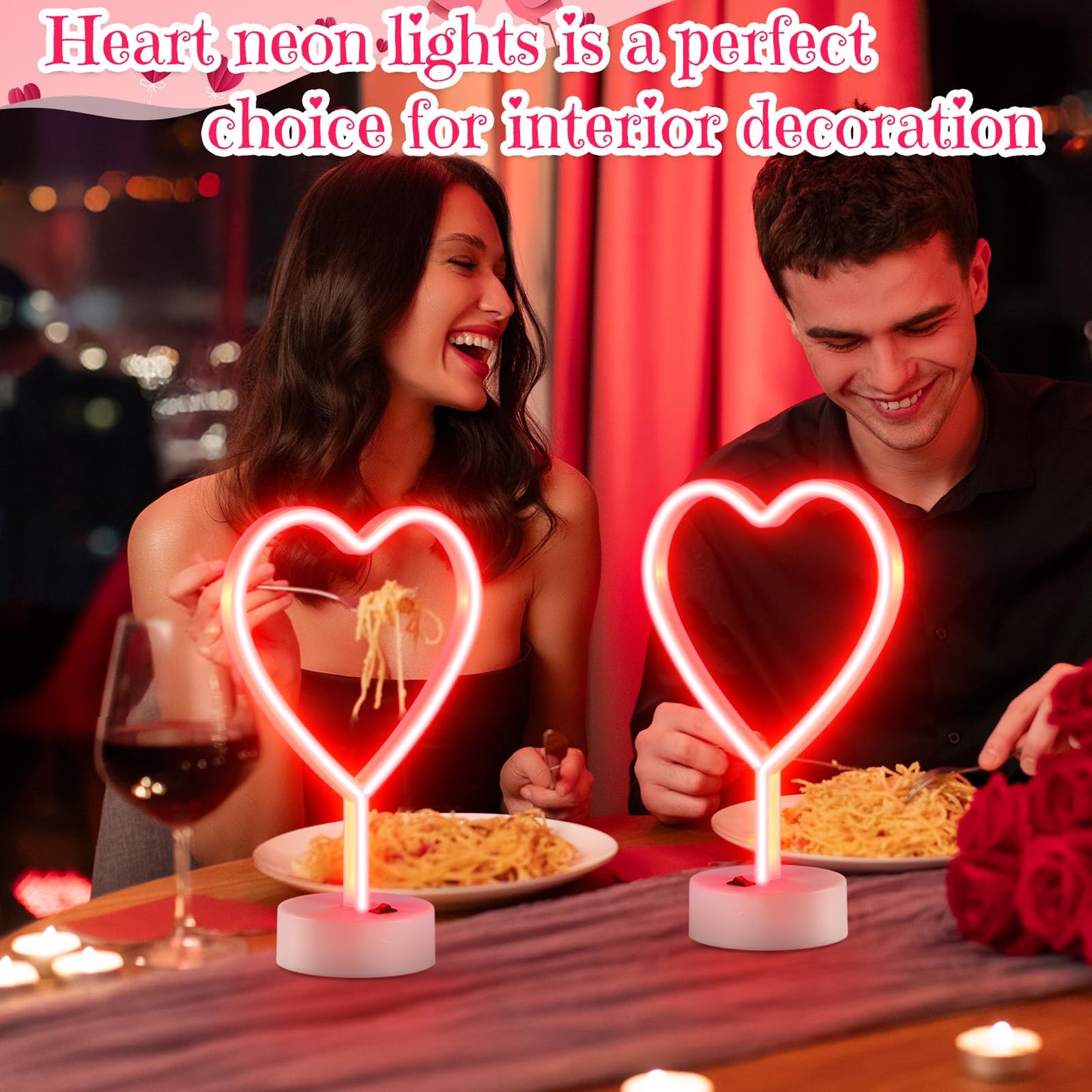 Retisee 2 Pack Heart Neon Signs with Holder Base LED Neon Light USB or 3-aa Battery Powered Heart Light for Valentine Gifts, Bedroom, Wedding, Pink Room Decor(Red)