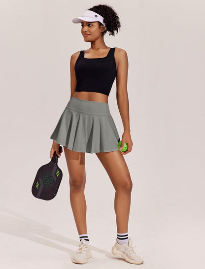 PINSPARK Tummy Control Tennis Skirt for Women with 2 Pockets Golf Skorts Skirts with Shorts Workout Running Grey Sage M