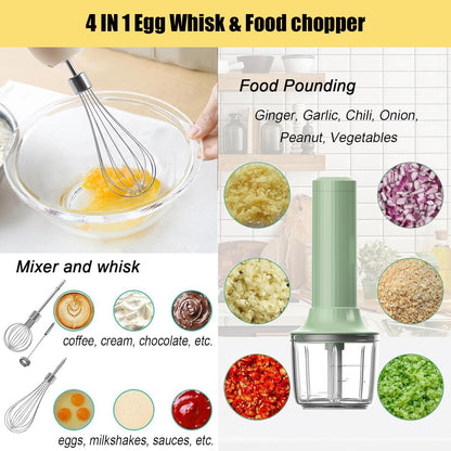 4-in-1 Electric Hand Mixer, Electric Whisk, Mini Onion Chopper 10Oz, Small Cordless Hand Blender, Milk Frother Wand for Coffee, Matcha, 4 Speed Rechargeable Food Processor for Baby Food Maker