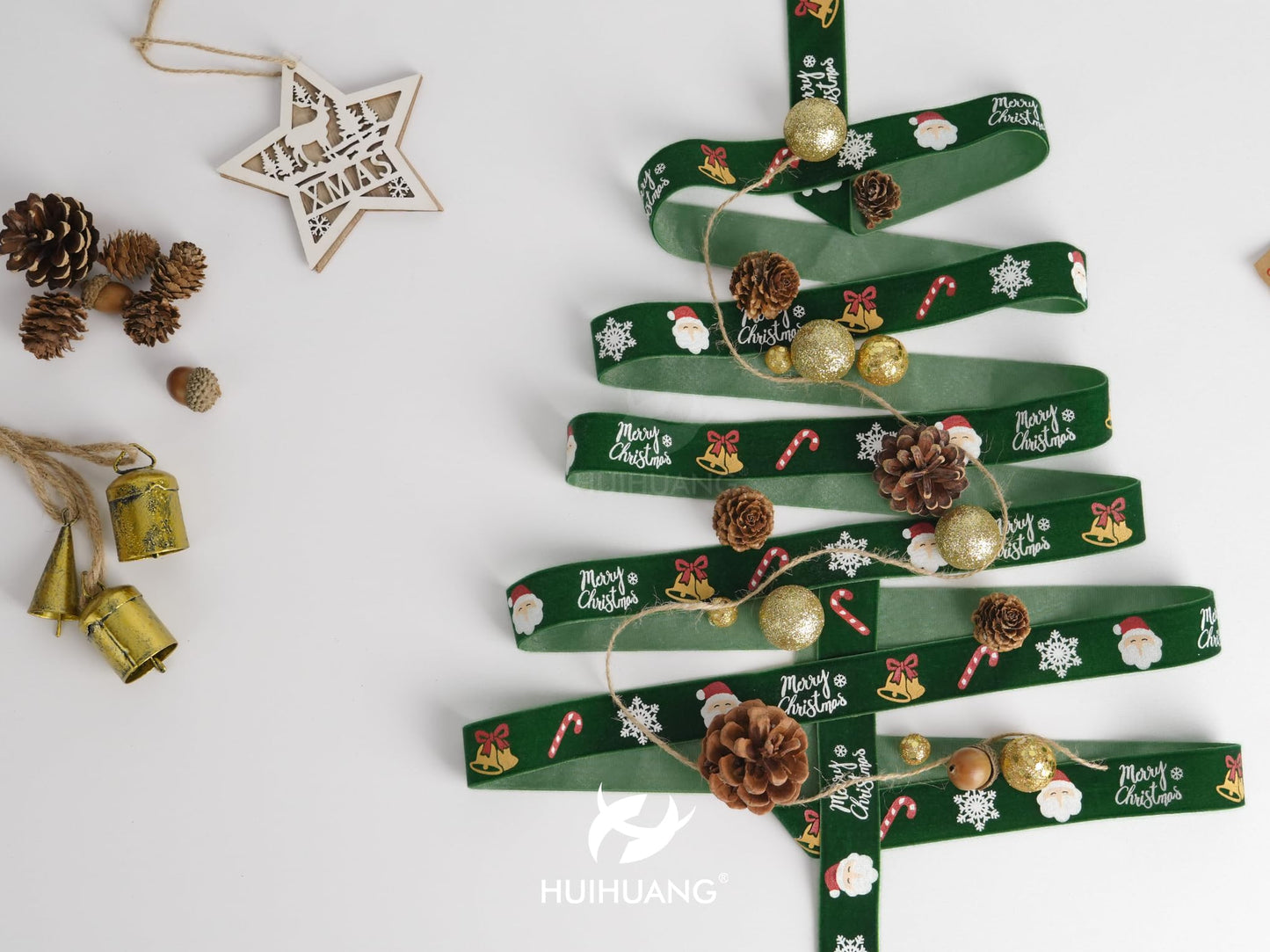 HUIHUANG Green Christmas Velvet Ribbon 1 inch Forest Green Ribbons with Merry Christmas Santa Ribbon for Gift Wrapping, Tree Ornaments, Wreaths, Garlands, DIY Crafts- Continuous 10 Yards