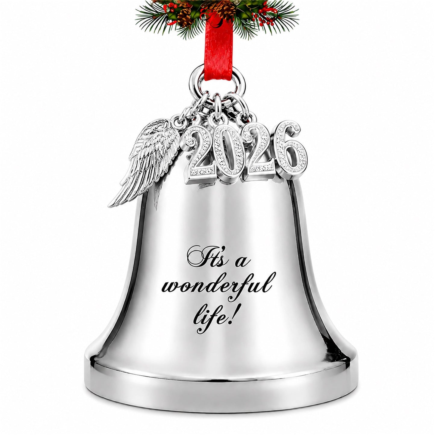 JUPPE 2026 Silver It's A Wonderful Life Christmas Bell Ornament for Christmas Tree Wedding Anniversary Decoration with Angel Wings, Hanging Bell for Door Opening, Crafts & Holiday Decor (Silver Bell)