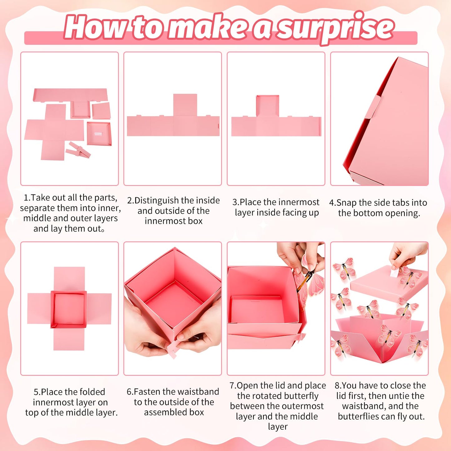 XLSXEXCL Butterfly Explosion Cardboard Gift Box, Flying Butterfly Surprise Box for Birthday, Wedding, Anniversaries, Christmas (Pink)