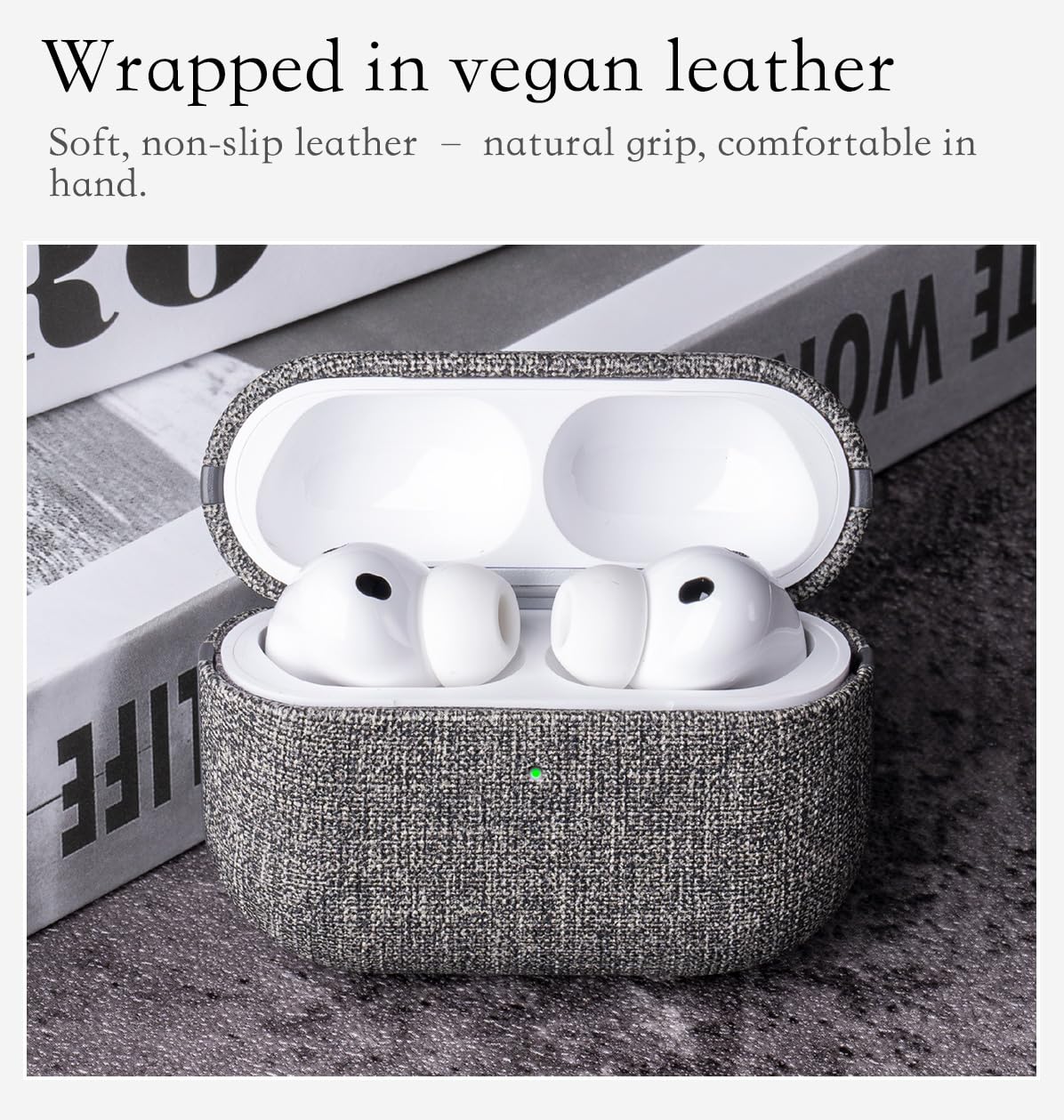 HanFab Artisan Hand-Wrapped Vegan Leather Case for AirPods Pro 2 | Canvas Finish Synthetic Leather | Microfiber-Lined Scratch Protection | Hard Shell Case for AirPods Pro 2nd Generation - Gray