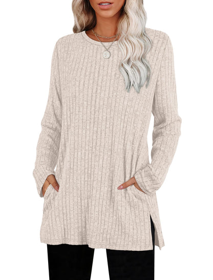 SAMPEEL Womens Sweaters Crewneck Long Sleeve Shirts with Pockets Fall Outfits 2025 Fashion Winter Clothing Side Slit