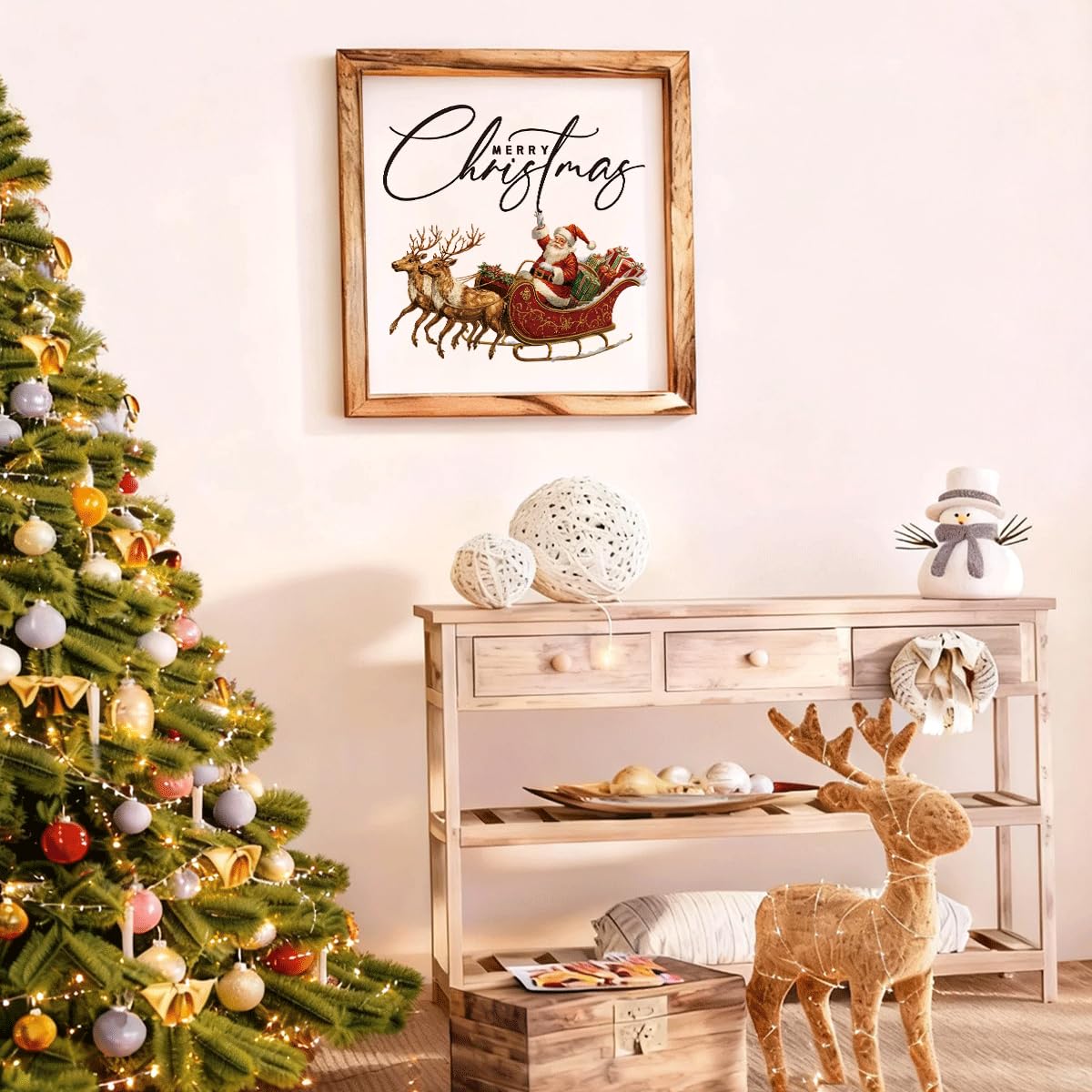 Christmas Wall Decor, Merry Christmas Santa Sleigh Wall Sign, Decorative Wooden Frame Decor, Farmhouse Holiday Art for Living Room Entryway, Framed MDF Hanging Decoration