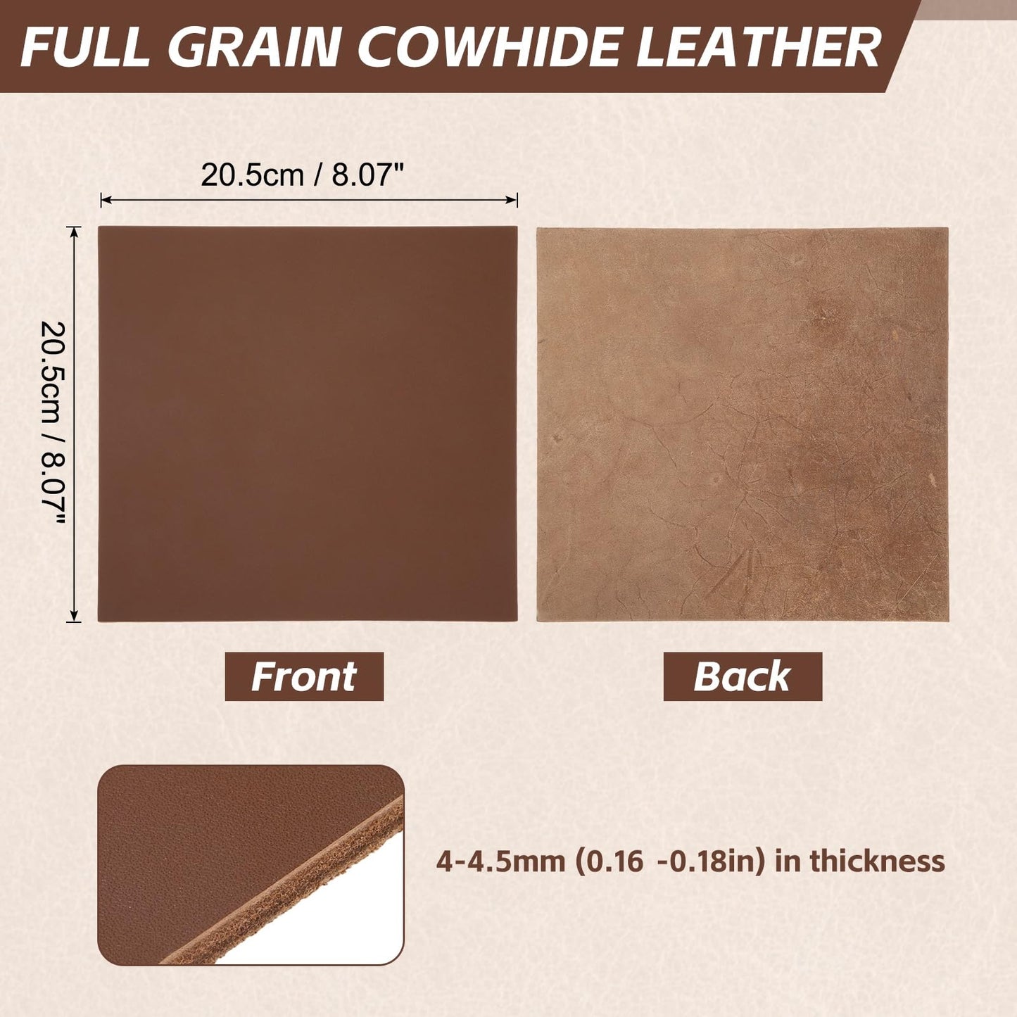 Rebower Genuine Leather Sheets, 8" x 8" Flat Full Grain Cowhide Leather for Crafts, 4-4.5mm Thick Vegetable Tanned Cowhide for DIY Belt Tooling Wallet Stamping Projects, Brown