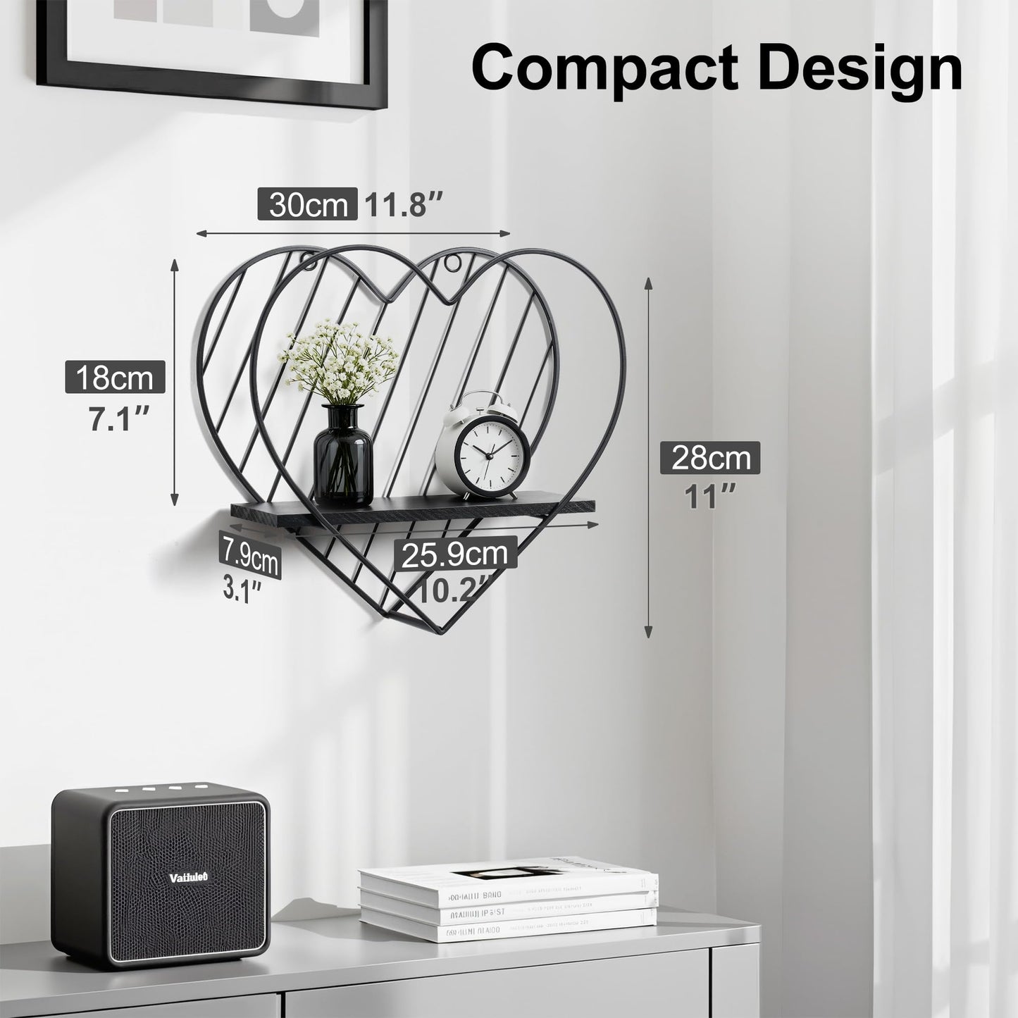 Afuly Floating Shelves - Black Wall Shelf, Heart Shaped Modern Minimalist Storage Rack Organizer for Bedroom, Bathroom, Living Room Home Decor