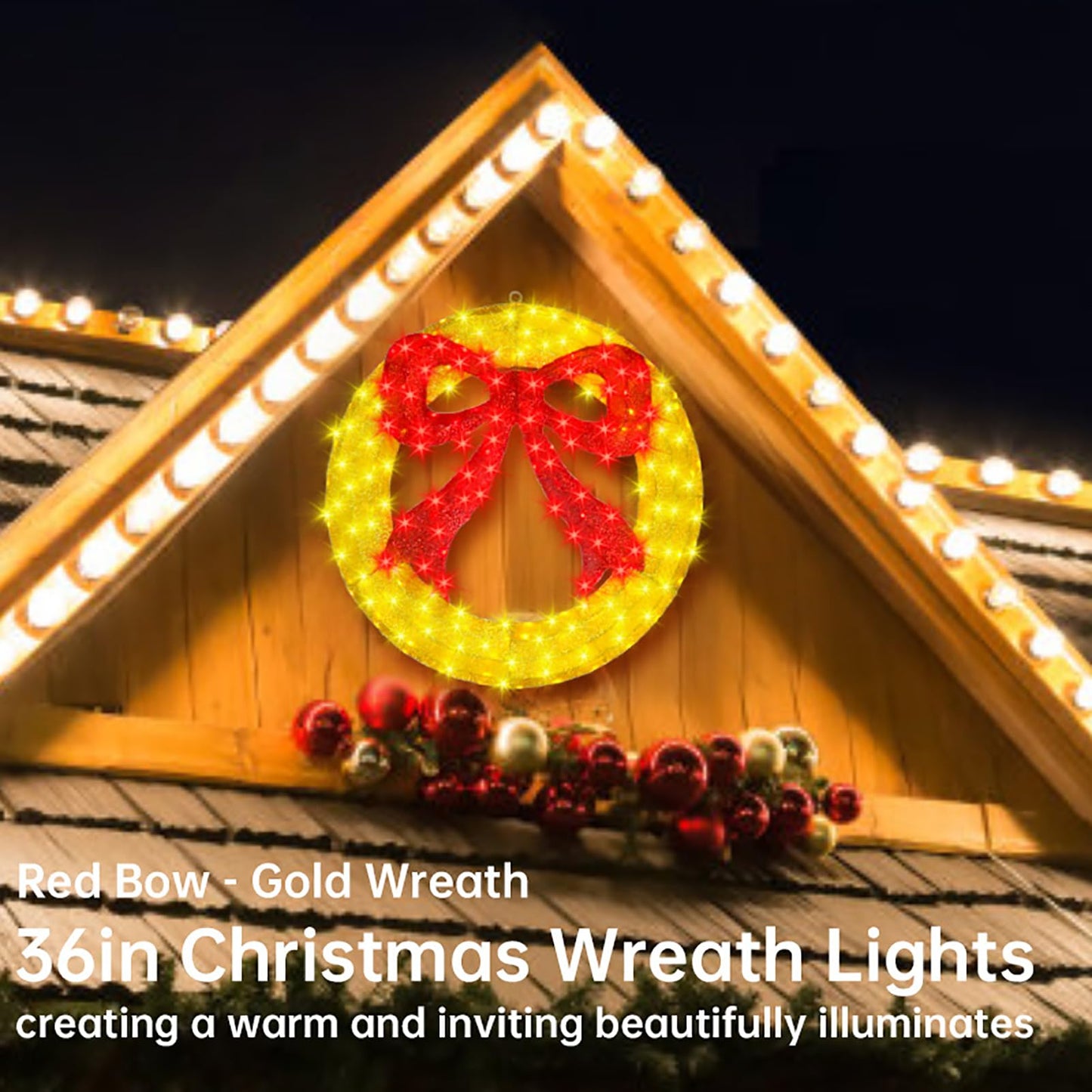 Outdoor Christmas Wreath Decoration - 36" Bright LED Christmas Wreath Lights with Bow, Large Lighted Christmas Wreaths Window Lights for Wall, Windows, Front Door Decor, Red Bow - Gold Wreath
