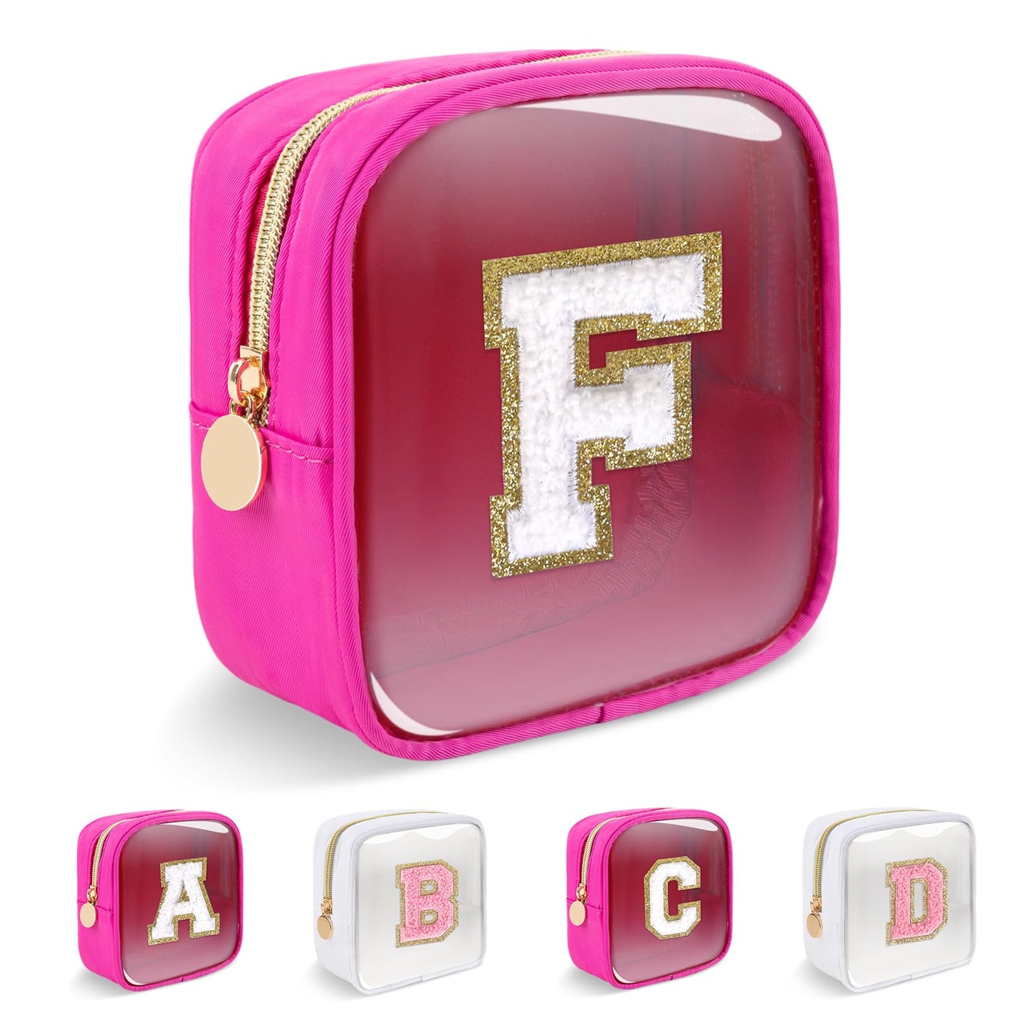 Personalized Initial Letter Clear Preppy Makeup Bag,Mini Nylon Chenille Letter Cosmetic Bag Cute Zipper Pouch Coin Purse for Teen Girls,Portable TSA Approved Travel Essentials Bag Gift for Women,F