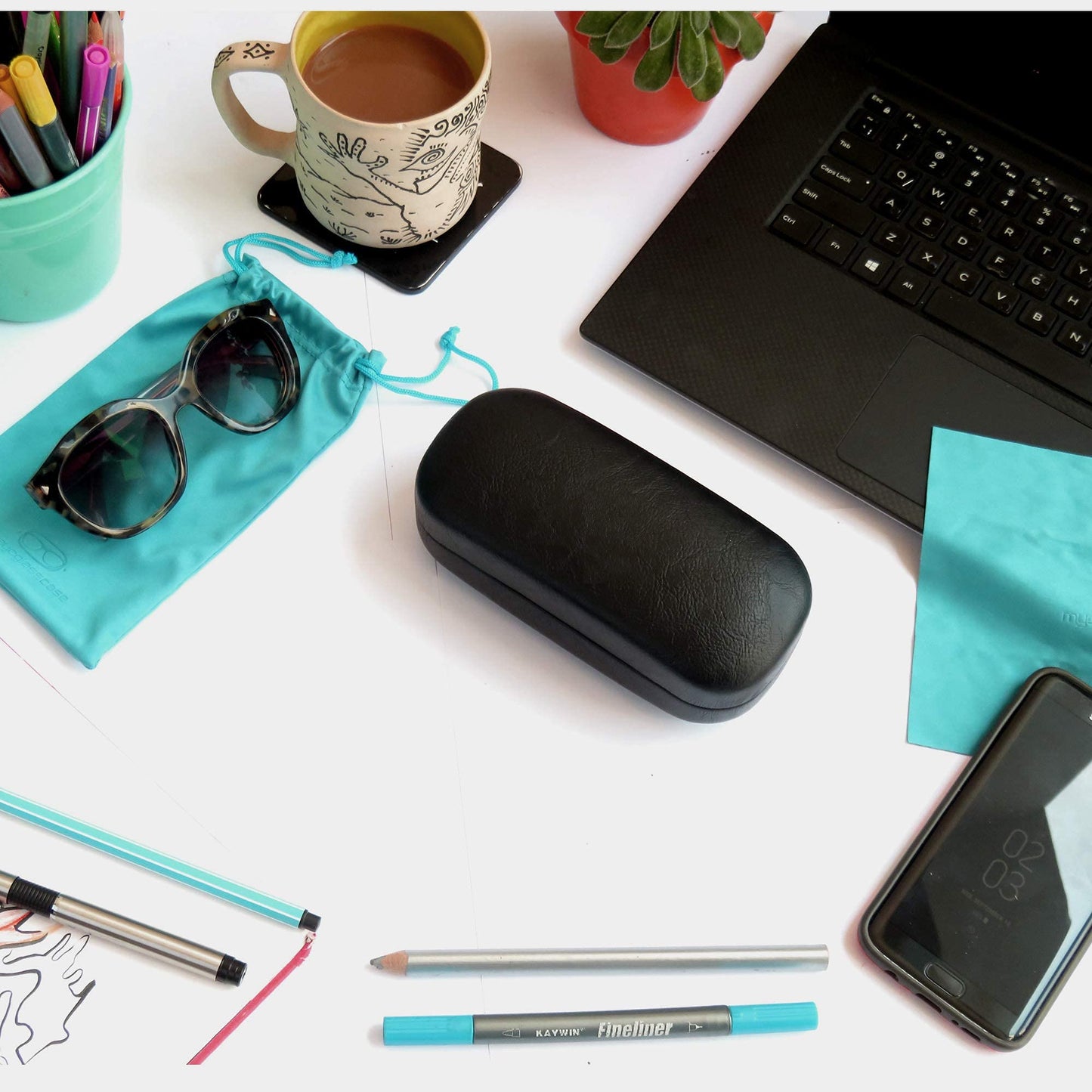 MyEyeglassCase EXTRA LARGE case for straight Rectangle in Distressed Leather-Like Glasses Case – Over size Sunglass Holder Hard Shell durable and safe – Includes Pouch & Cloth (AS505 Black/Teal)