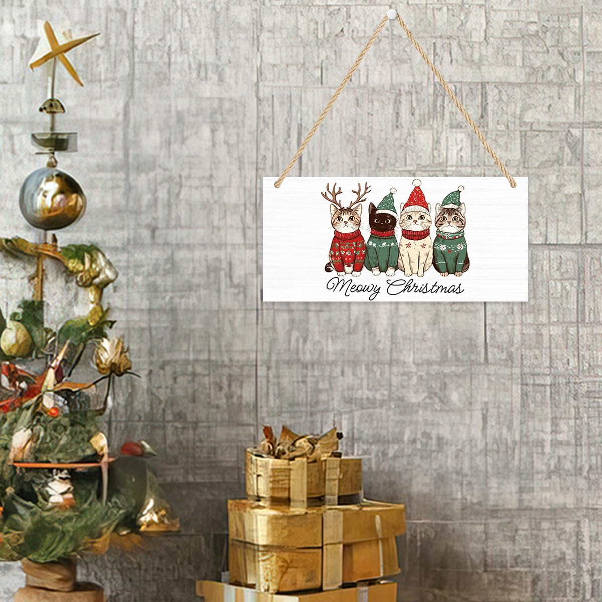 Cute Christmas Cats Decor Merry Christmas Sign Cat Lover Gifts Xmas Tree Party Decoration Winter Decoration Wooden Signs Rustic Hanging Plaque Home Wall 12 x 6 inches