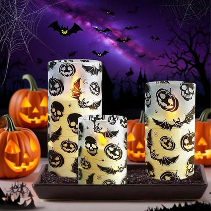 Flickering Flameless Candles Halloween Bat Embedded Star String Lights, Battery Operated Acrylic LED Pillar Candles with 11-Key Remote and Timer for Home Decoration, 3 Pack