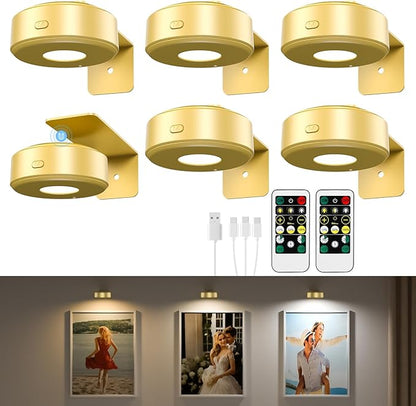 6PCS Picture Lights,3 Colors Paintings Light Rechargeable Battery Wall Light Dimmable and Timer Metal Art Light for Paintings,Display, Wall, Artwork, Gallery (Gold)