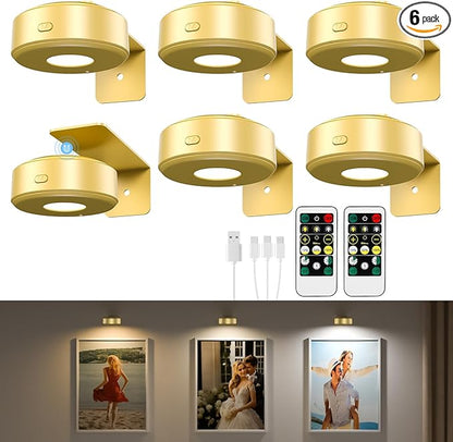 6PCS Picture Lights,3 Colors Paintings Light Rechargeable Battery Wall Light Dimmable and Timer Metal Art Light for Paintings,Display, Wall, Artwork, Gallery (Gold)