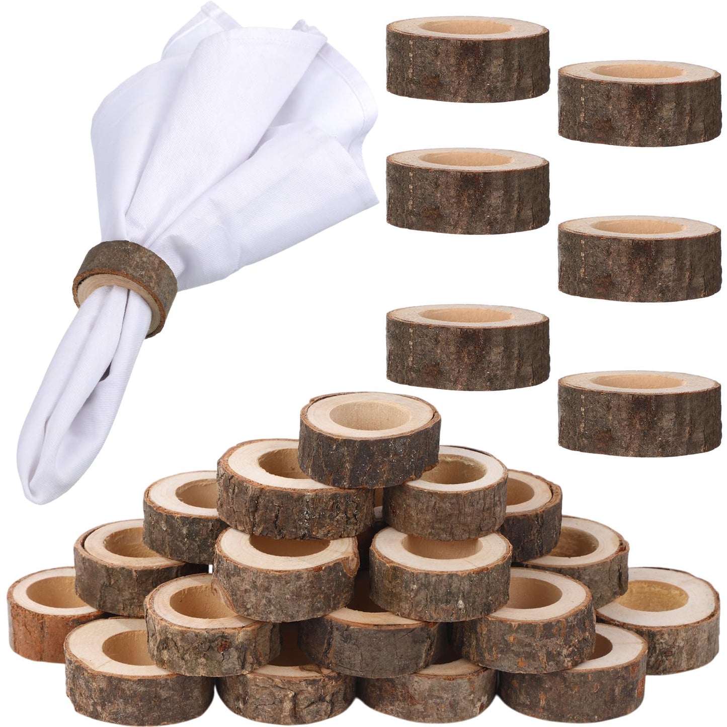 Tessco of Fun Set of 24 Wooden Bark Napkin Ring Handcrafted Wooden Napkin Holder Rustic Napkin Rings Buckles Party Gift Farmhouse Table Decoration for Dining Wedding Birthday, Everyday