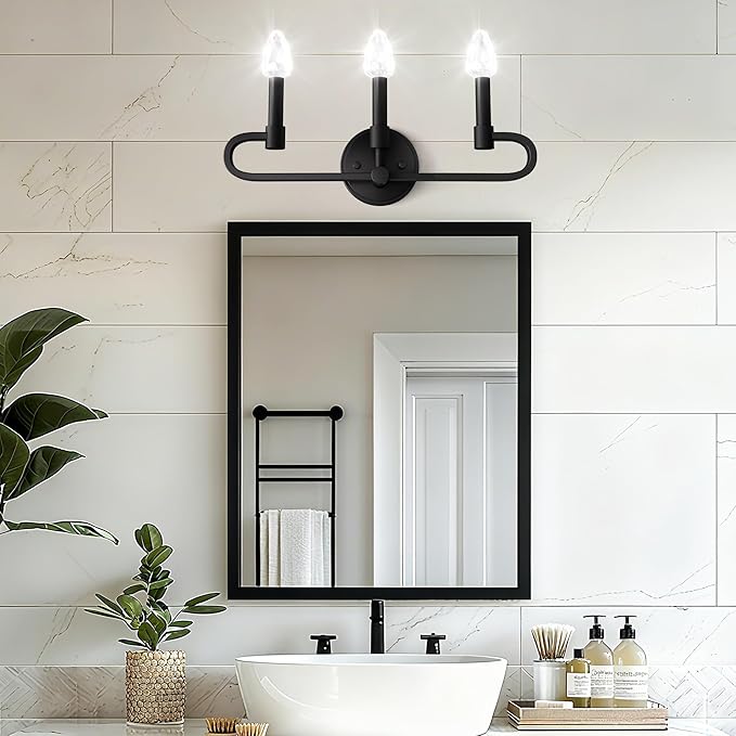 Farmhouse and Modern Bathroom Lighting Fixtures Over Mirror, 3 Light Matte Black Bathroom Vanity Lights, Crystal Bathrooms Wall Sconces(Includes Bulb)