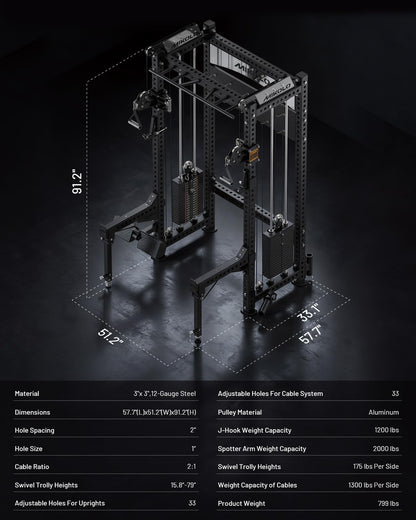 Mikolo Anubis-2.0 Smith Machine with Weight Stack, 3“×3” All-in-One Power Cage with LAT Pulldown & Cable Crossover, 3200LBS Multi-Function Trainer with Aluminum Pulley System for Fitness Home Gym
