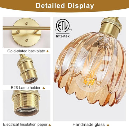 Vintage Bathroom Light Fixtures,2-Light Hardwired Vanity Lights Over Mirror,Gold Wall Sconces with Amber Tulip Glass Shade for Bathroom Living Room,E26 Socket(Bulbs Not Included)