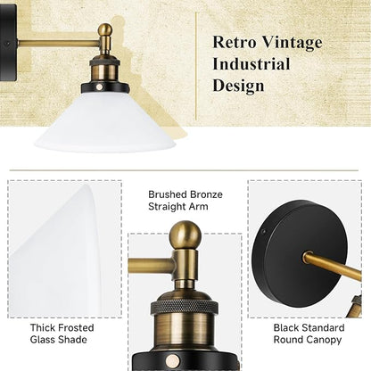 Vintage Wall Sconces Set of 2 Indoor 110V Hardwired Frosted Glass Wall Mounted Lamp Light Fixtures for Bathroom Vanity Kitchen Hallway Stairway, Anti-Rust Brushed Bronze Finish, E26 Base, WS-23061-C2