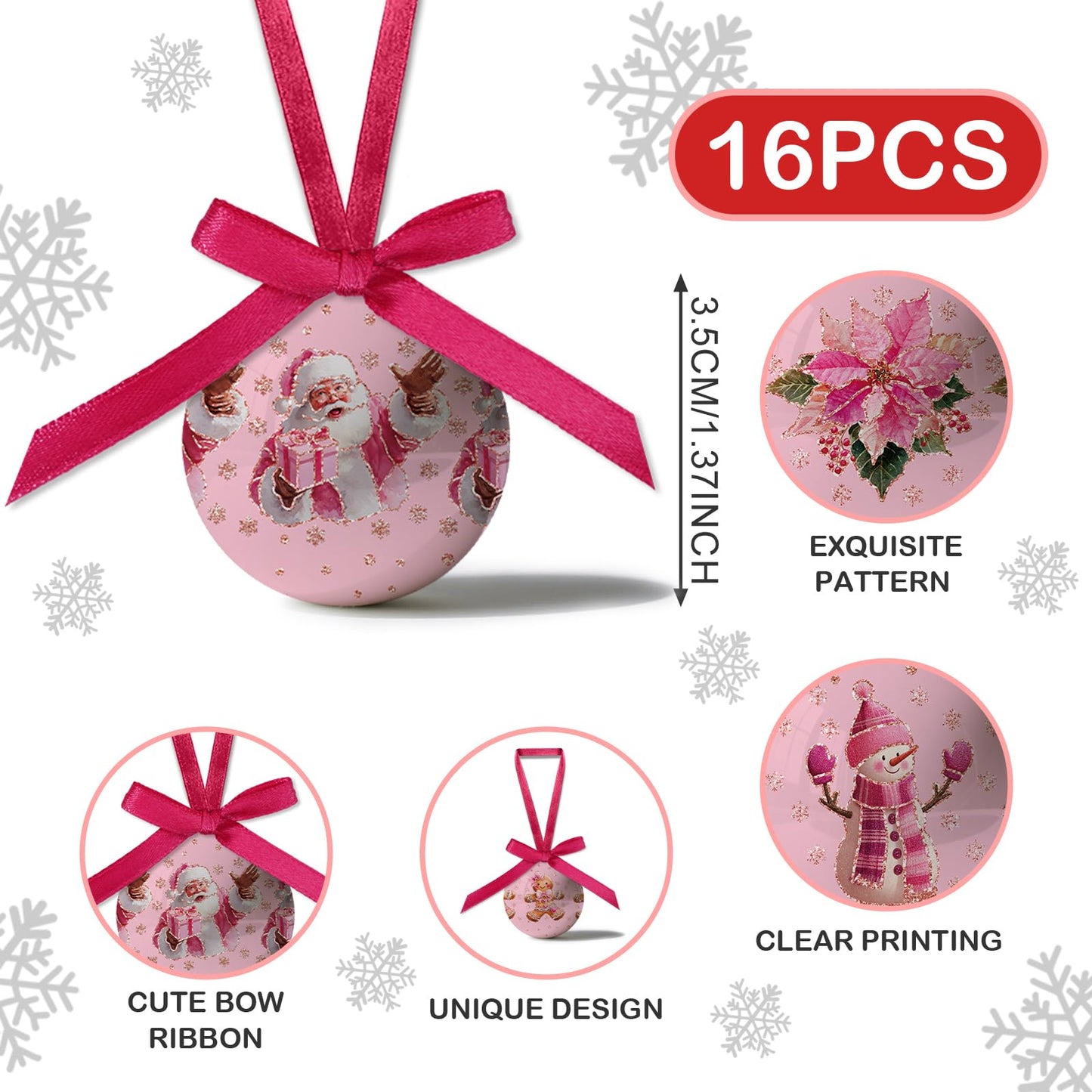 Pink Christmas Decor - Pink Christmas Tree Decorations Snowman Santa Candy Hanging Ornaments Balls, Cute Decorations Ball 1.18 Inch for Xmas Tree Party Home Holiday，Xmas Gifts Set of 16Pcs