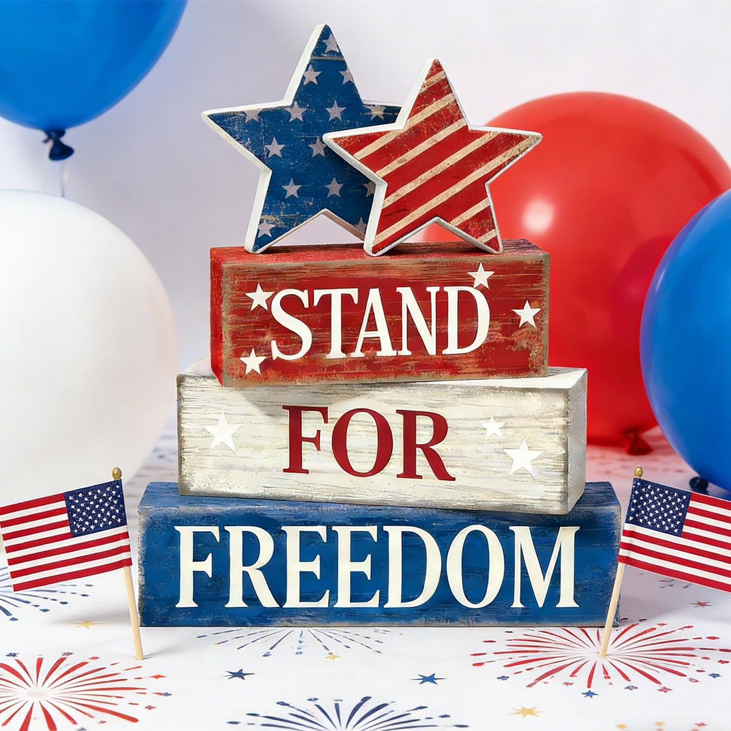 4th of July Table Decorations Patriotic Memorial Day Tiered Tray Decor Wooden Stars Block Signs Independence Farmhouse 250th July Fouth Centerpiece for Tables Wooden Sign for Home Decor
